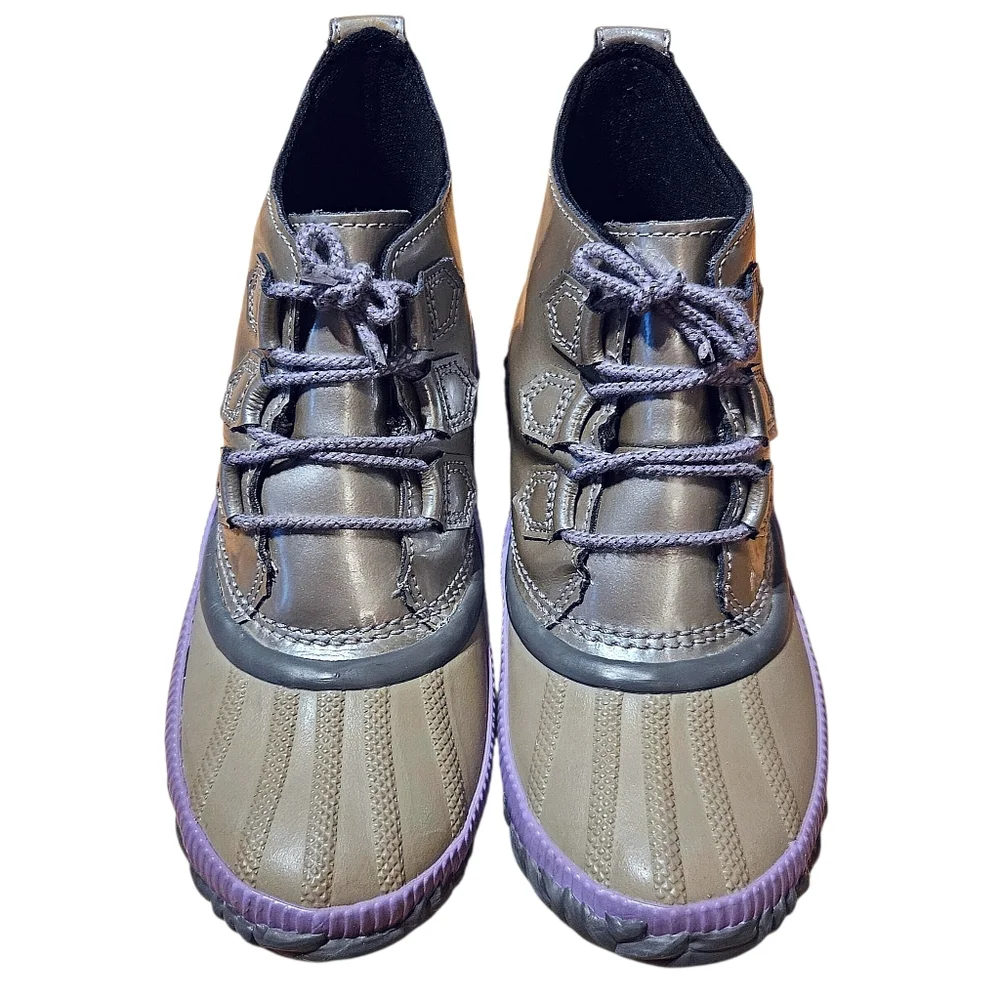 Sorel Girls Waterproof Rain Winter Snow Duck Boots In Tan Lavender & Silver 4